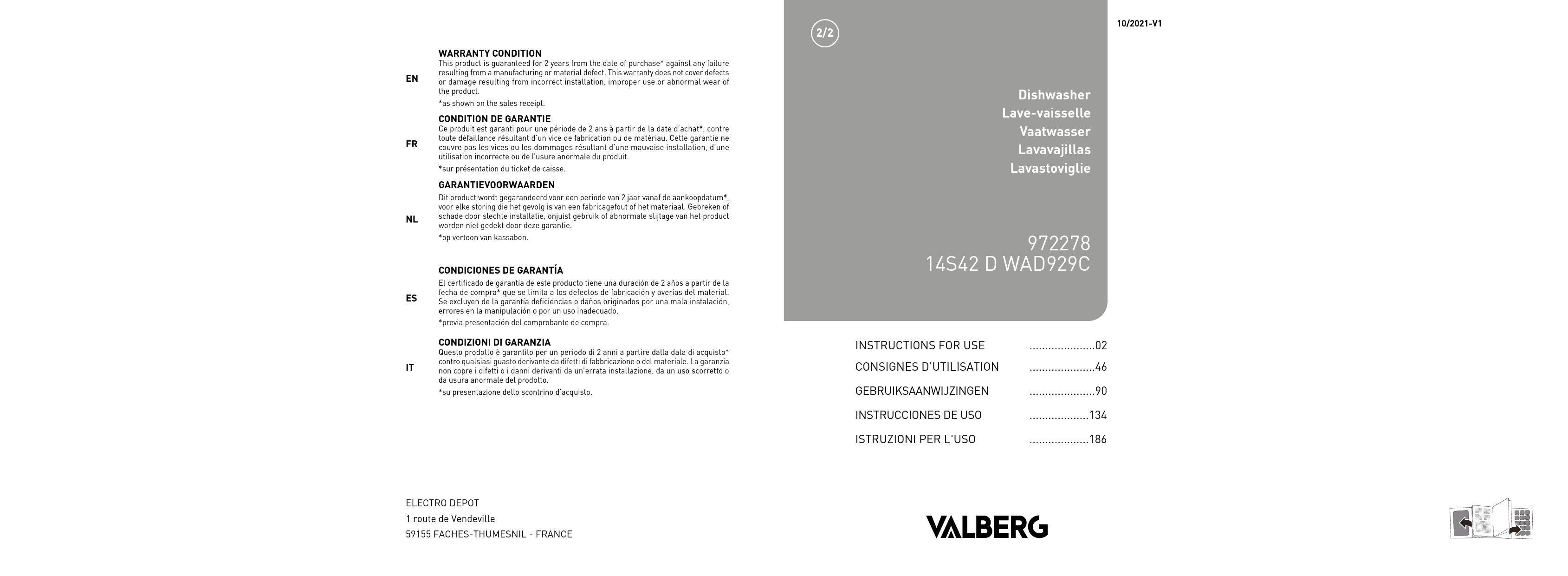 Notice lavevaisselle VALBERG 14S42 D WAD929C Trouver une solution à un — free download